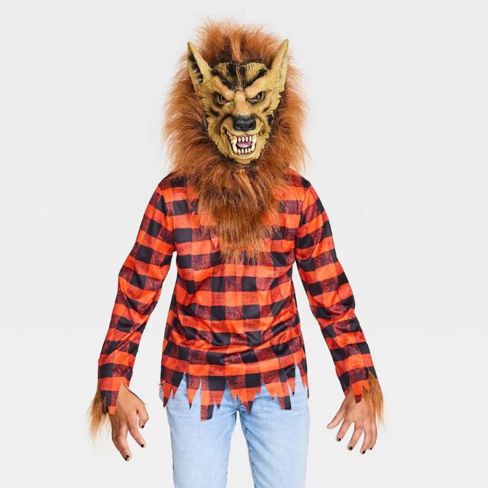 Werewolf Halloween Costume 6/7 Brown Shirt, Latex Mask with Wig Attached Kids
